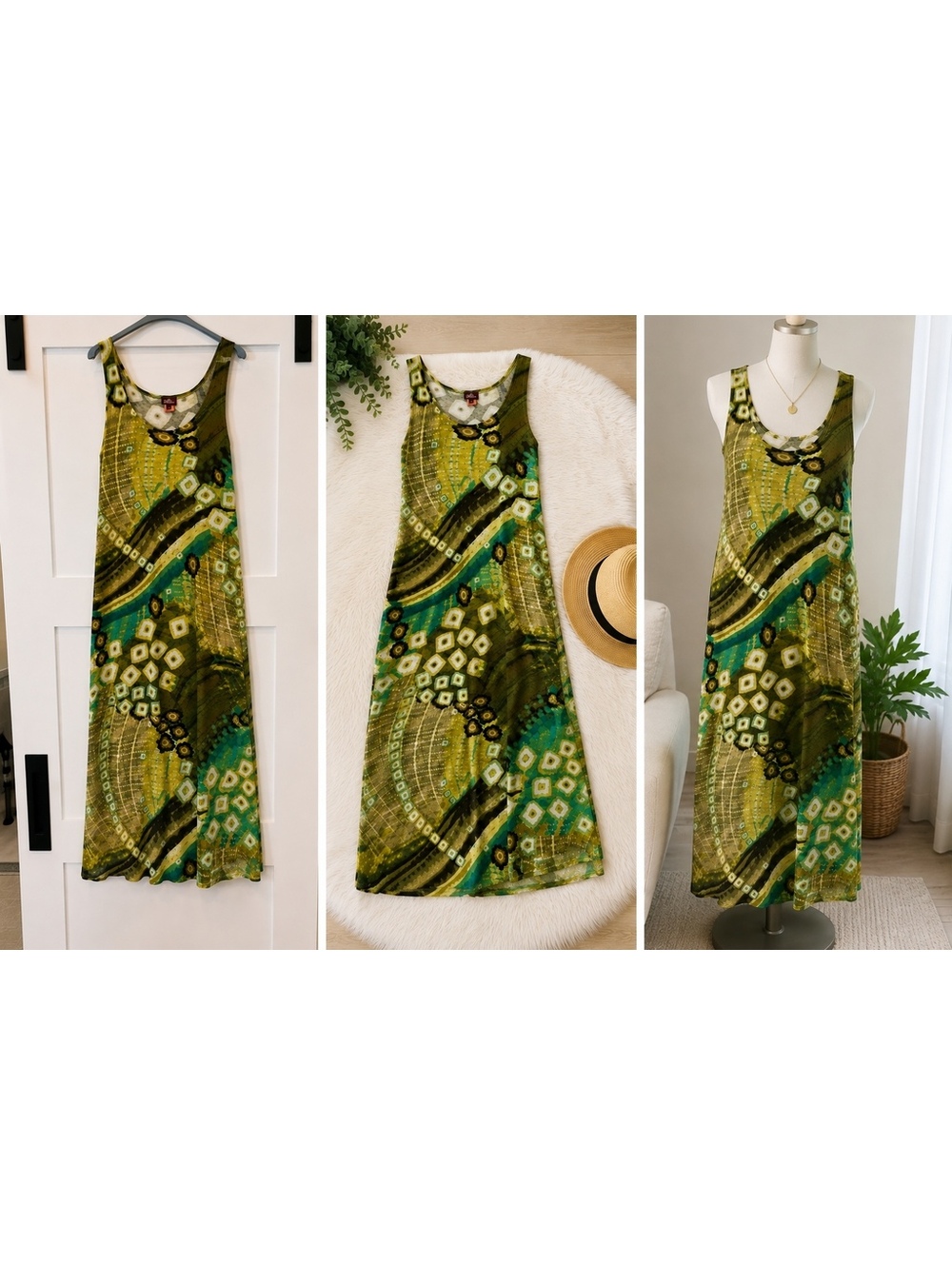Salaam Sleeveless Maxi Dress Green Teal Abstract Print Size Medium
